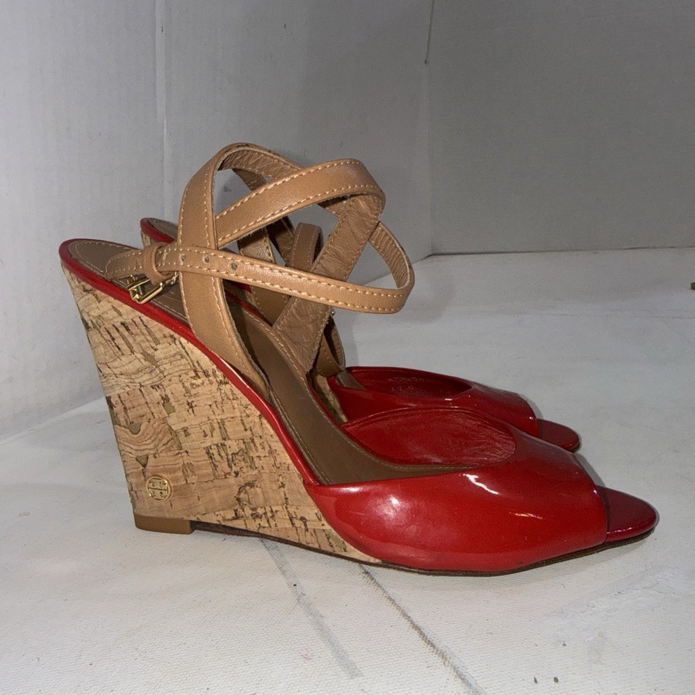 Tory Burch Red Patent Leather Cork Wedge Ankle Strap Peep Toe Sandals size 7.5 M